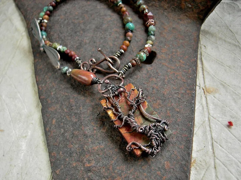 Desert Wander Necklace, Copper Wire Wrap Tree, Jasper, Turquoise