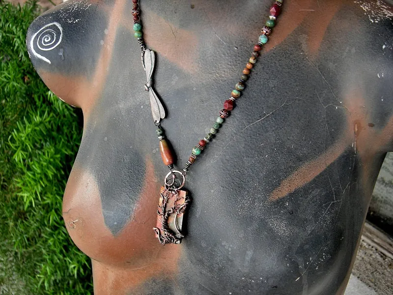 Desert Wander Necklace, Copper Wire Wrap Tree, Jasper, Turquoise