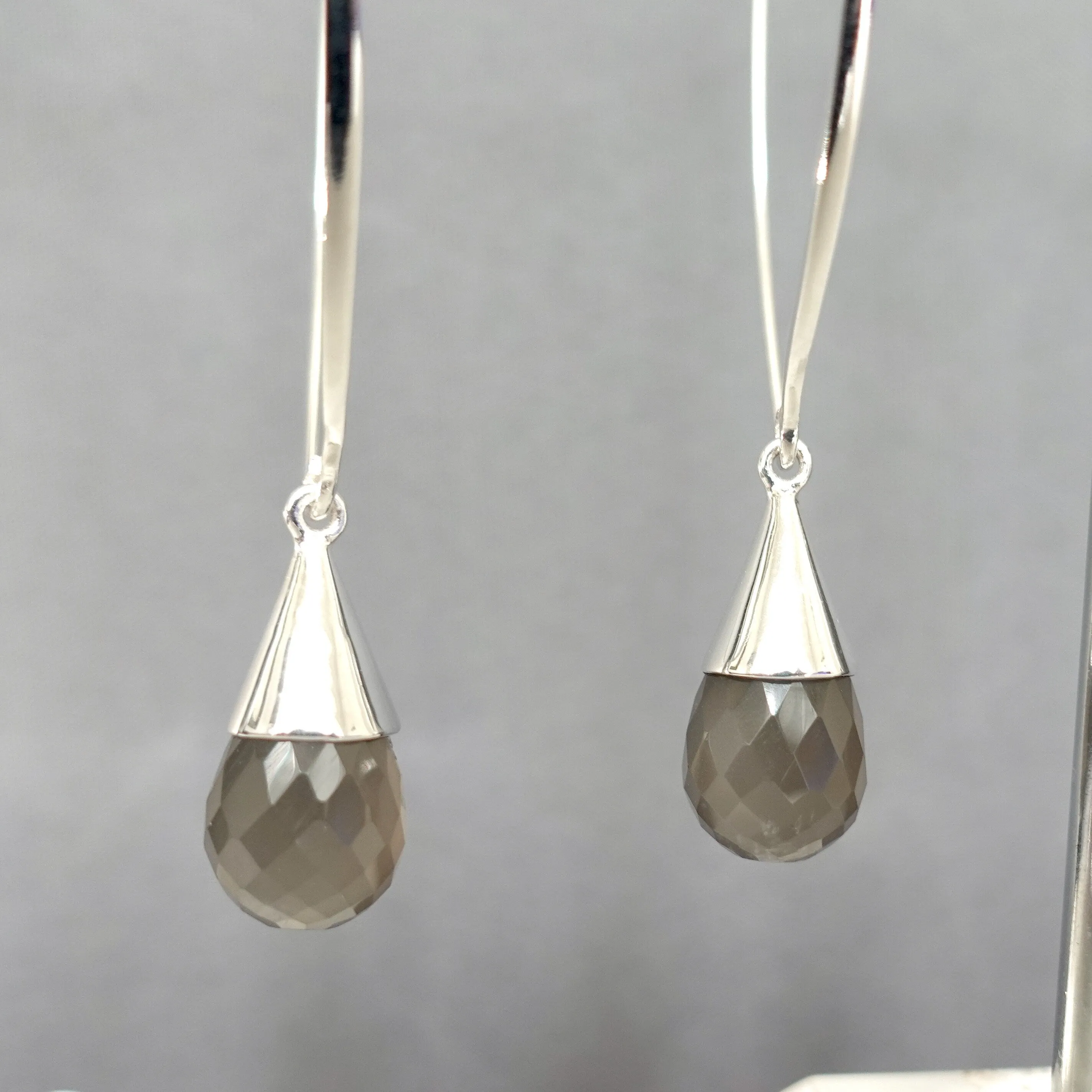 Designer Grey Moonstone Hoop Thread Through 925 Silver Earrings, E25GM