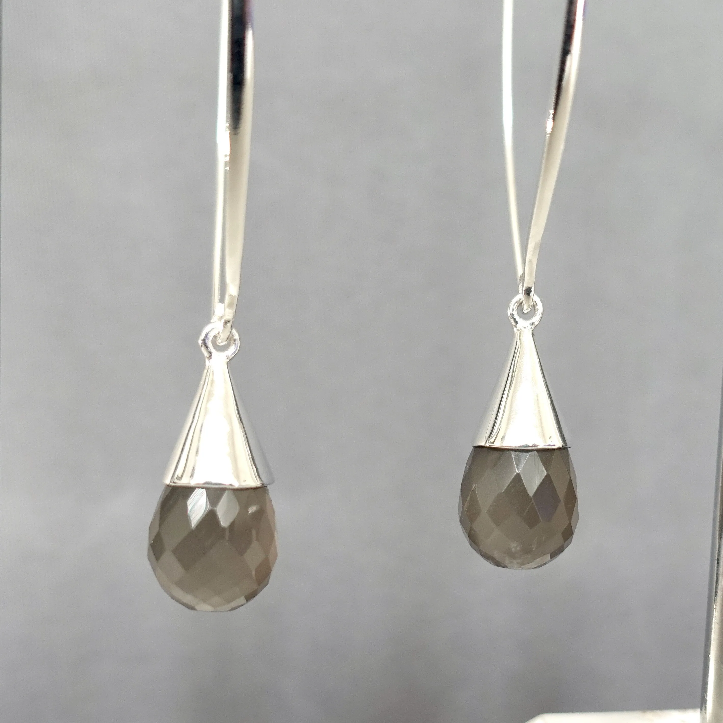 Designer Grey Moonstone Hoop Thread Through 925 Silver Earrings, E25GM