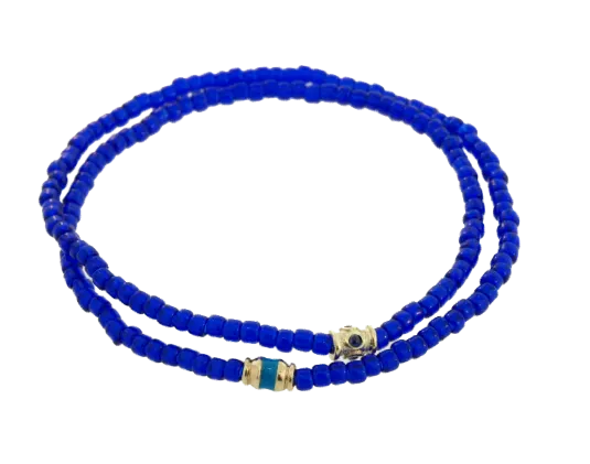 Double Wrap Beaded Bracelet with Sapphire Barrel and Enameled Barrel