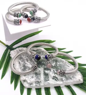 Elegant Gemstone-Accented Stainless Steel Bangle Bracelet