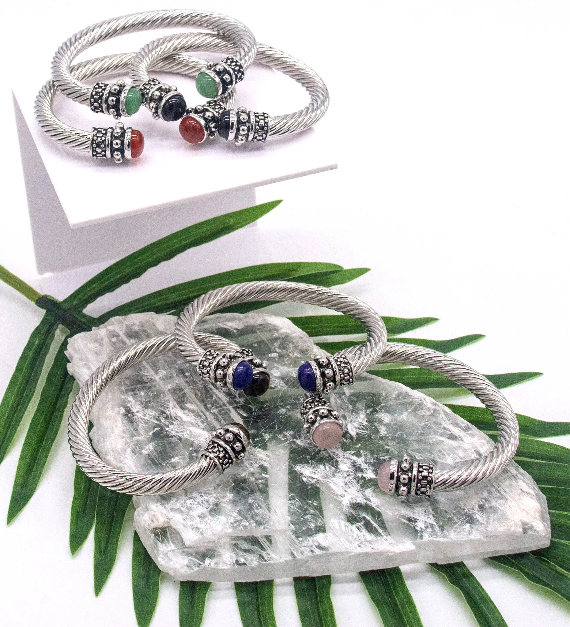 Elegant Gemstone-Accented Stainless Steel Bangle Bracelet