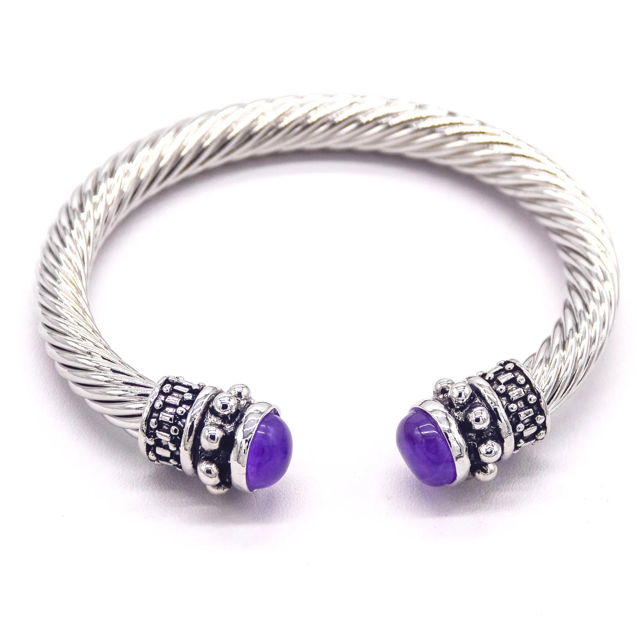 Elegant Gemstone-Accented Stainless Steel Bangle Bracelet