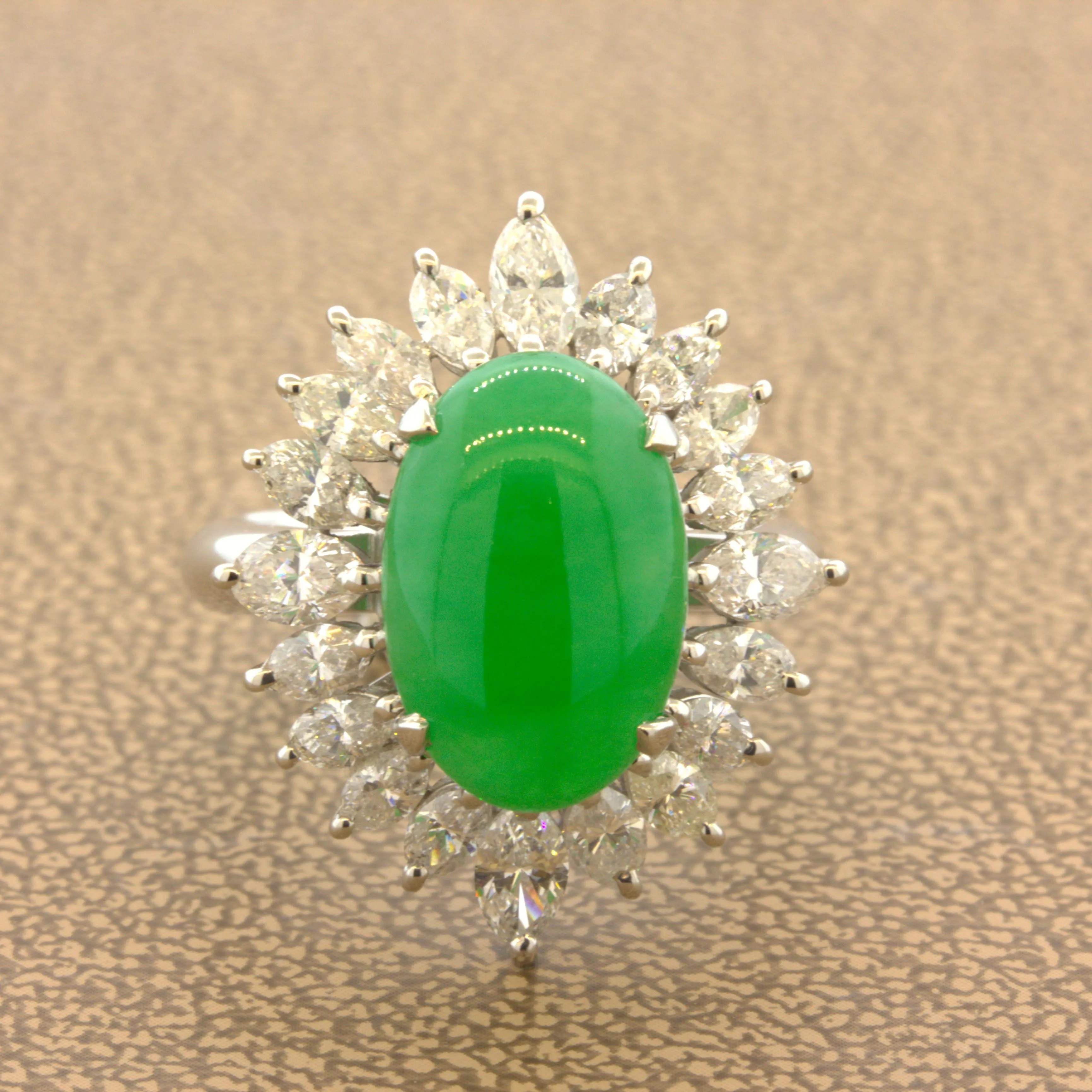 Fine Jadeite Jade Diamond Sunburst Platinum Ring, GIA Certified Tyle A