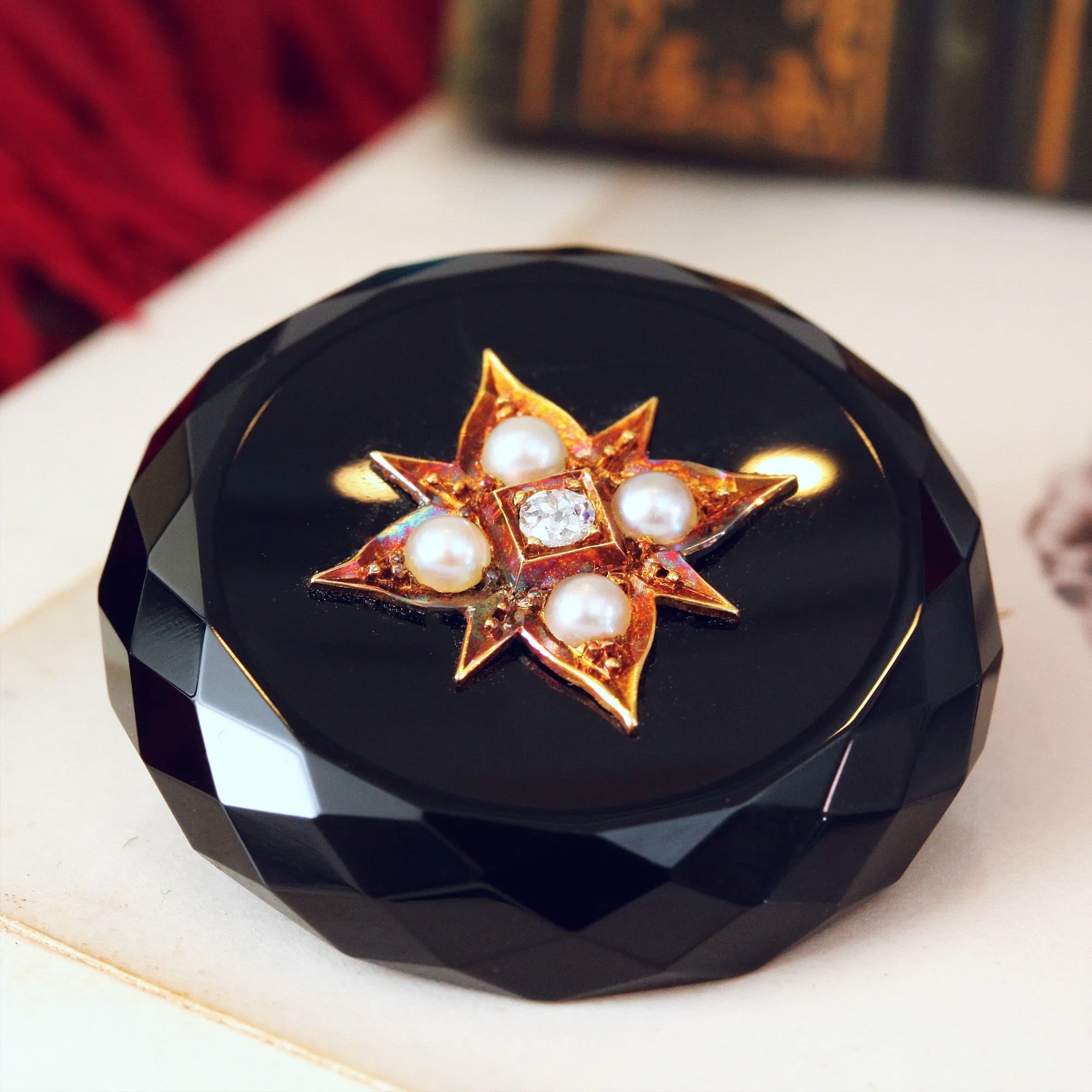 Fine Quality Victorian Onyx, Diamond & Pearl Brooch
