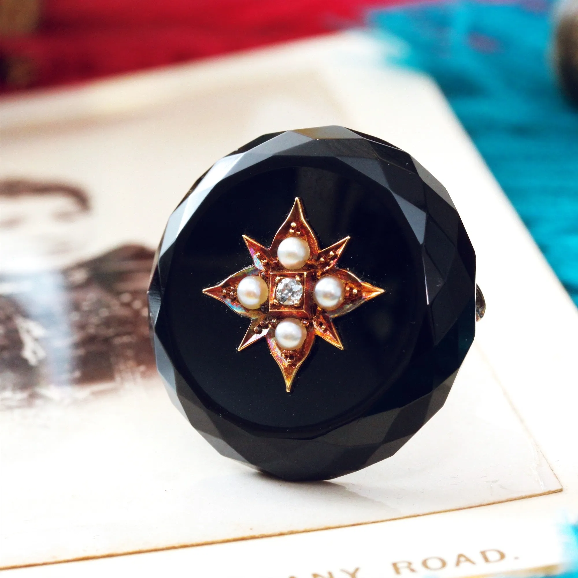Fine Quality Victorian Onyx, Diamond & Pearl Brooch