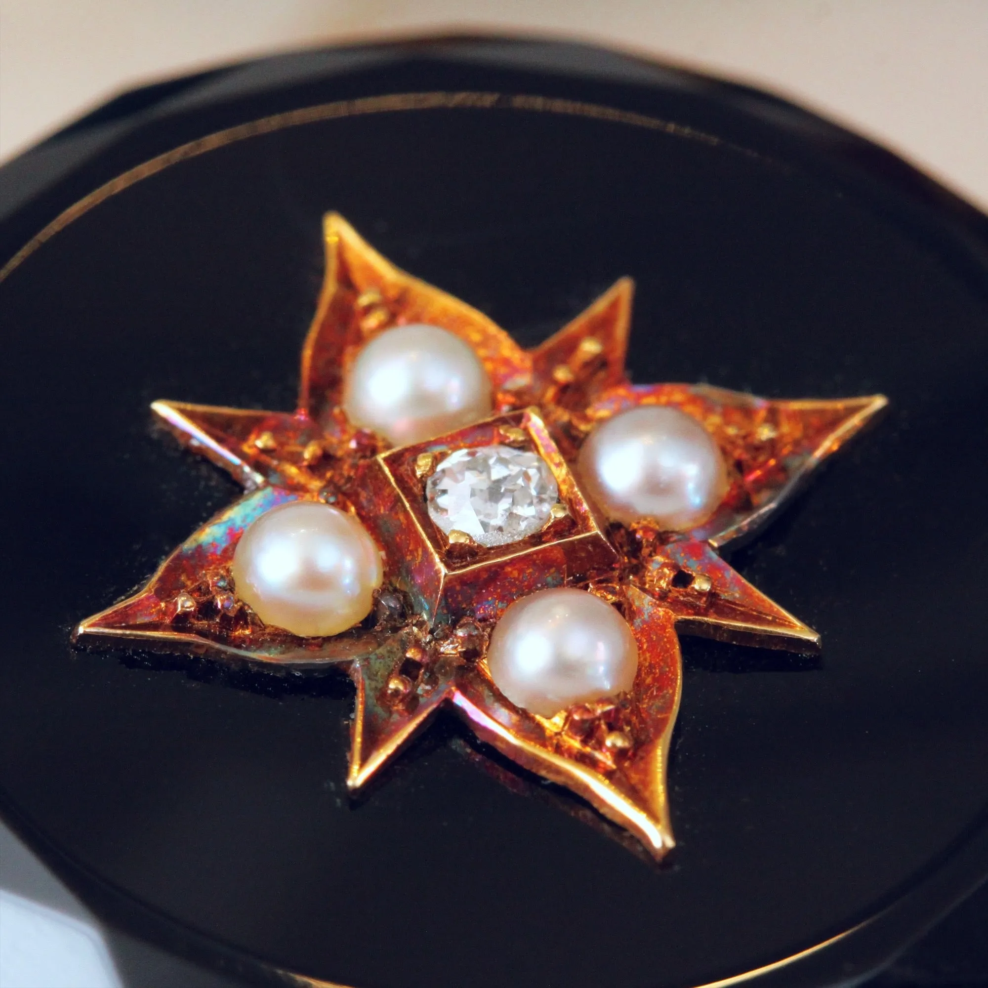 Fine Quality Victorian Onyx, Diamond & Pearl Brooch