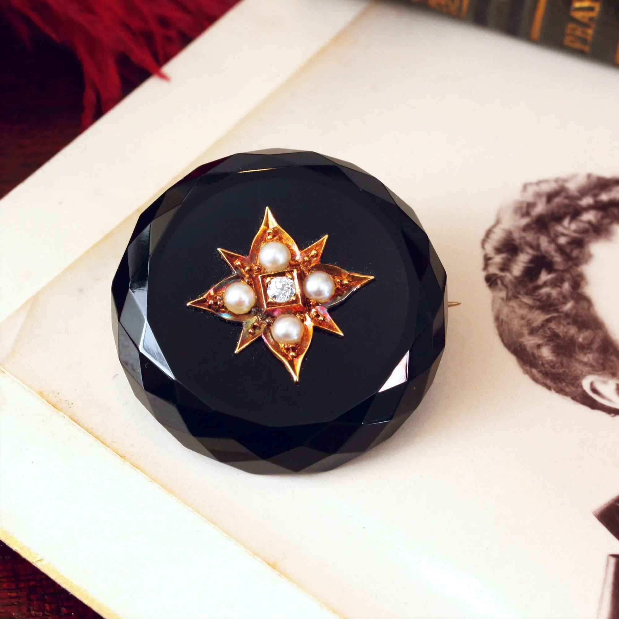 Fine Quality Victorian Onyx, Diamond & Pearl Brooch