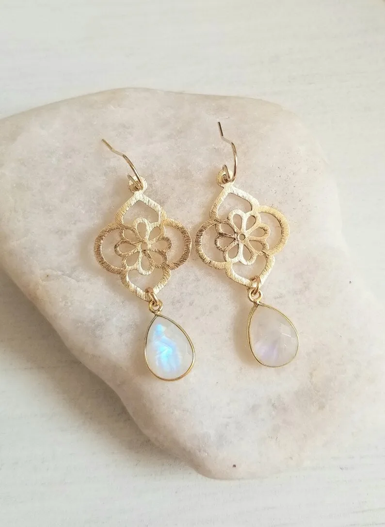 Gold Moonstone Teardrop Earrings