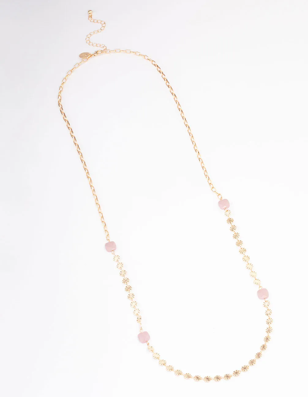 Gold Rose Quartz Textured Disc Long Necklace