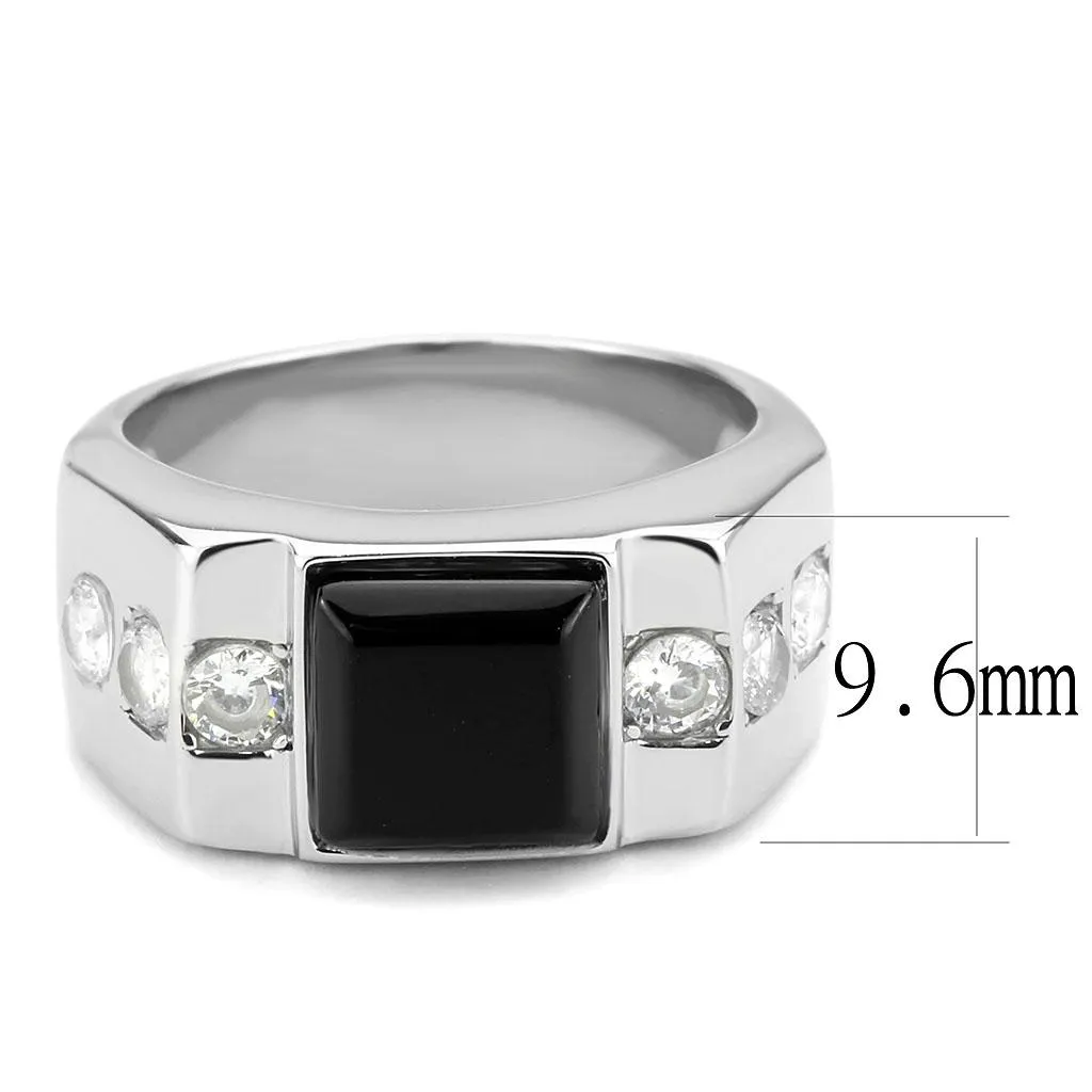 High polished (no plating) Stainless Steel Ring with Synthetic Onyx in Jet for Women Style TK3615