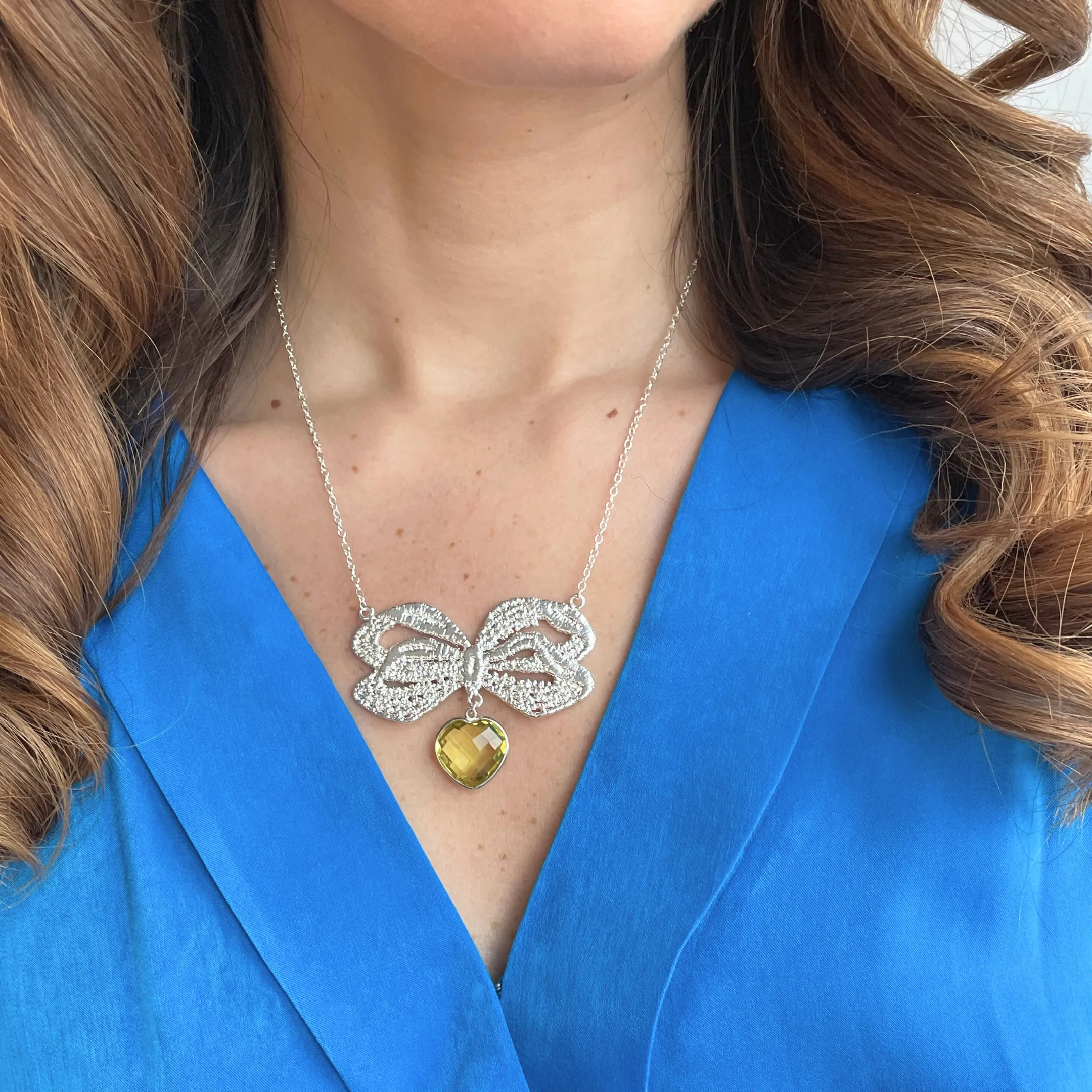 Jeannine - Lace Bow and Citrine Heart Necklace