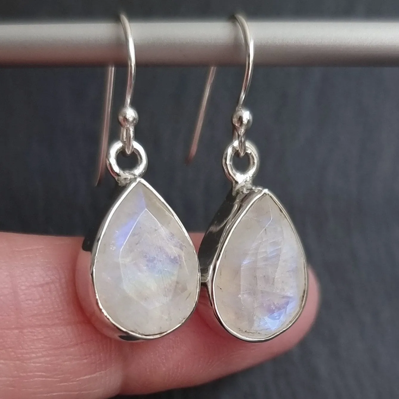Large Facetted Moonstone Sterling Silver Earrings, 14mm x 10mm, E51M