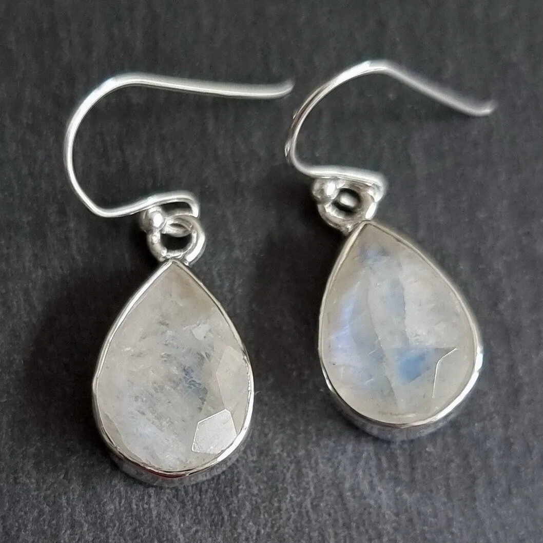 Large Facetted Moonstone Sterling Silver Earrings, 14mm x 10mm, E51M