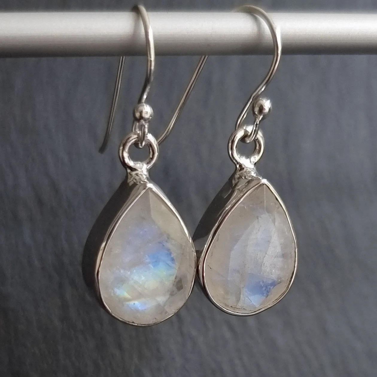 Large Facetted Moonstone Sterling Silver Earrings, 14mm x 10mm, E51M