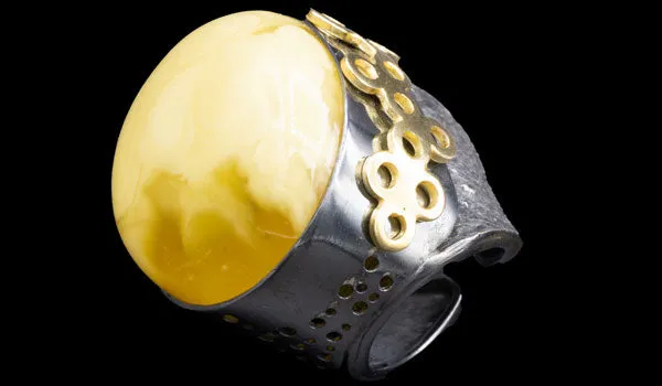 Luxury Sterling Silver Oversized Adjustable Butterscotch Baltic Amber Ring