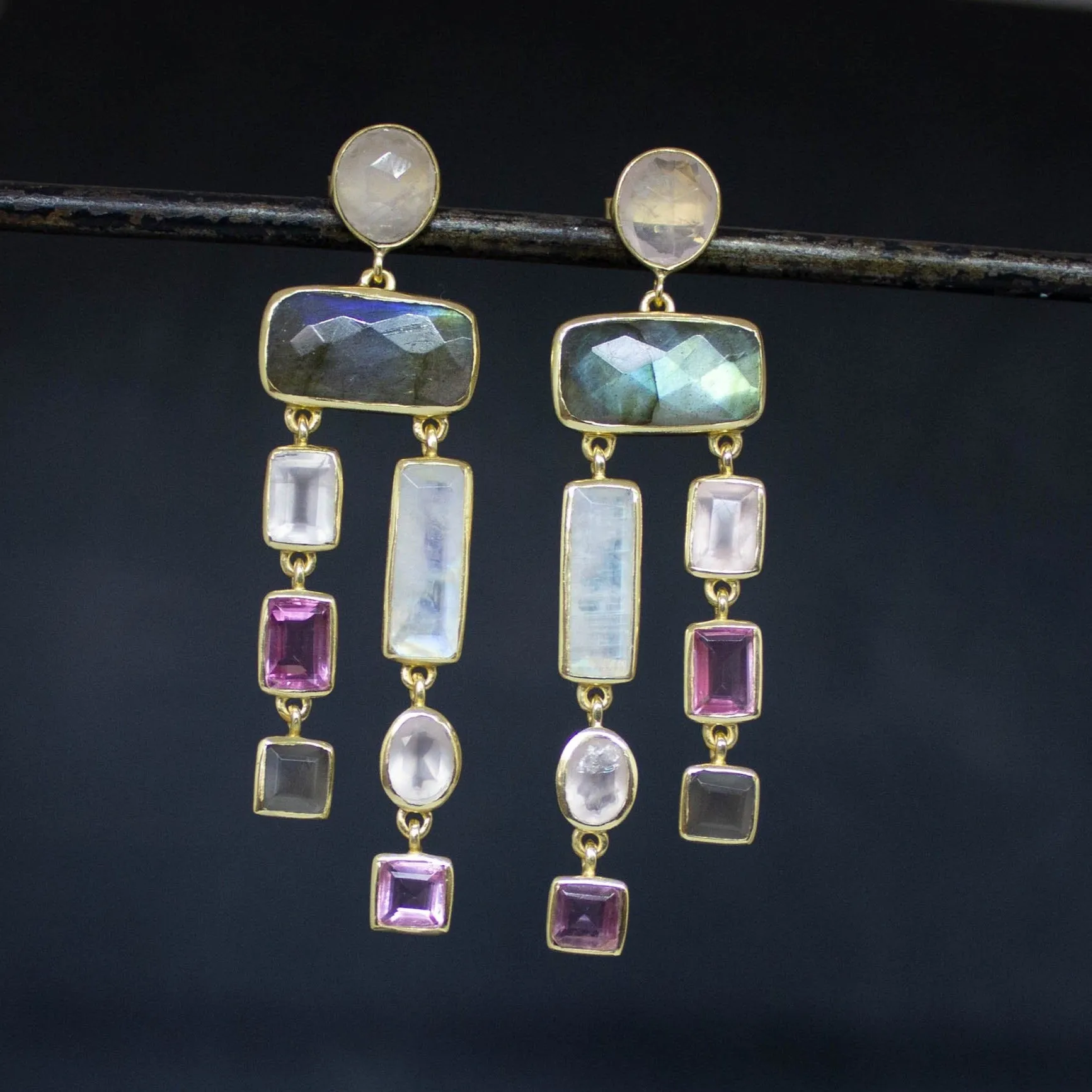 Moonstone, Labradorite and Quartz Chandelier Earrings