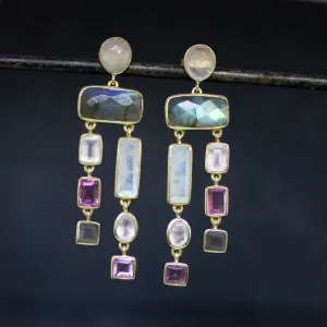 Moonstone, Labradorite and Quartz Chandelier Earrings