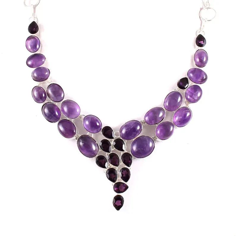 Natural  Amethyst Vintage Bib Necklace  - 925 Sterling Silver Wedding Necklace