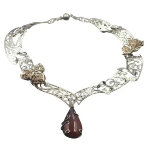 Red Jasper & Rose Filigree Sterling Silver Necklace