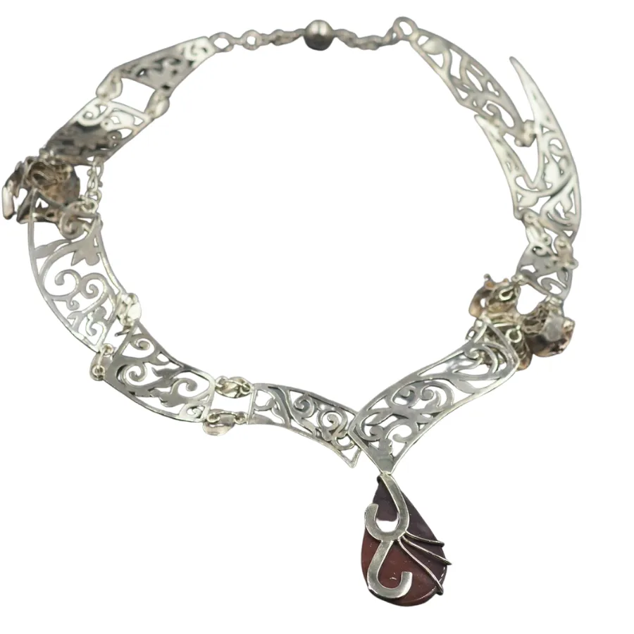 Red Jasper & Rose Filigree Sterling Silver Necklace