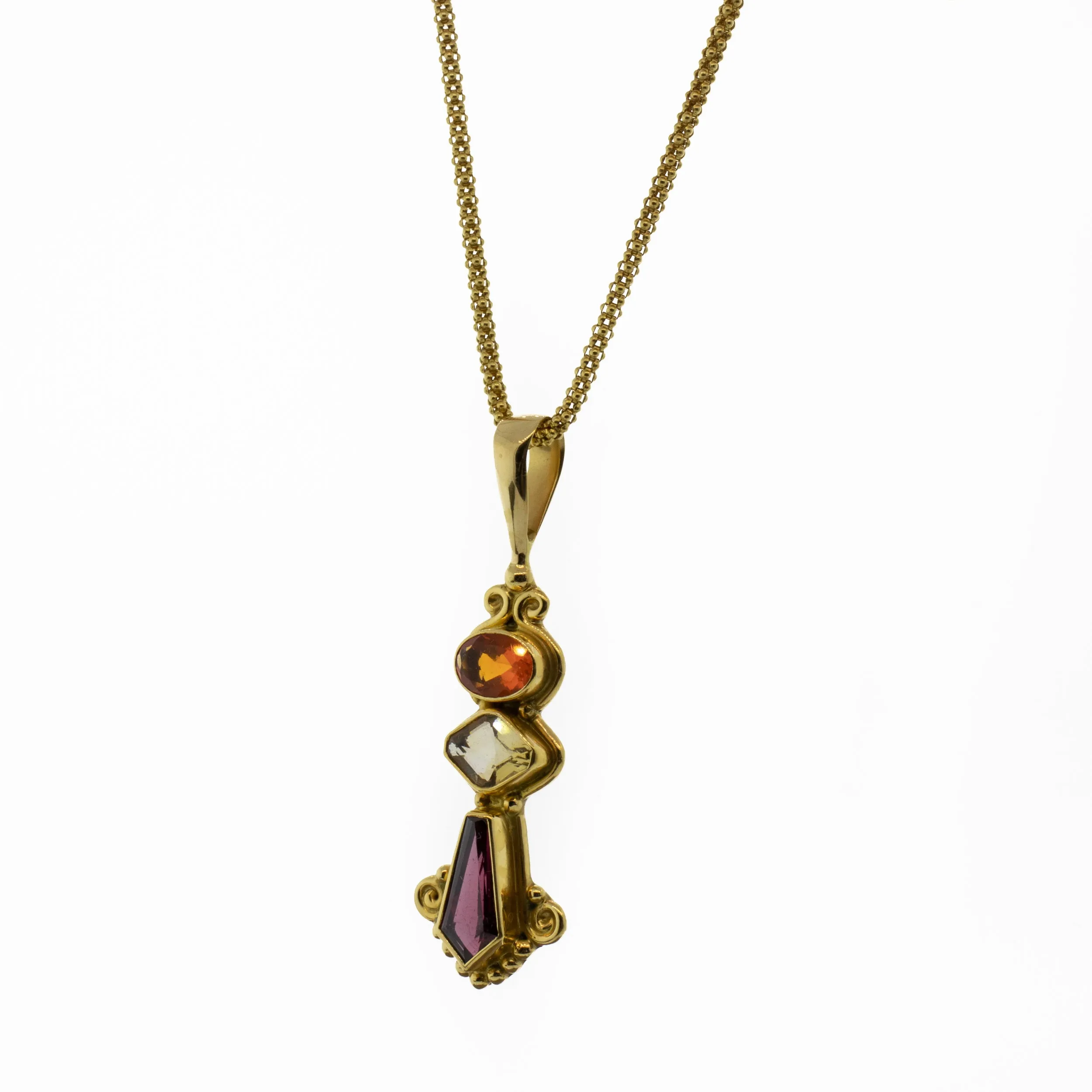 Rhodolite, Citrine & Spessartite Pendant With Yellow Gold Chain