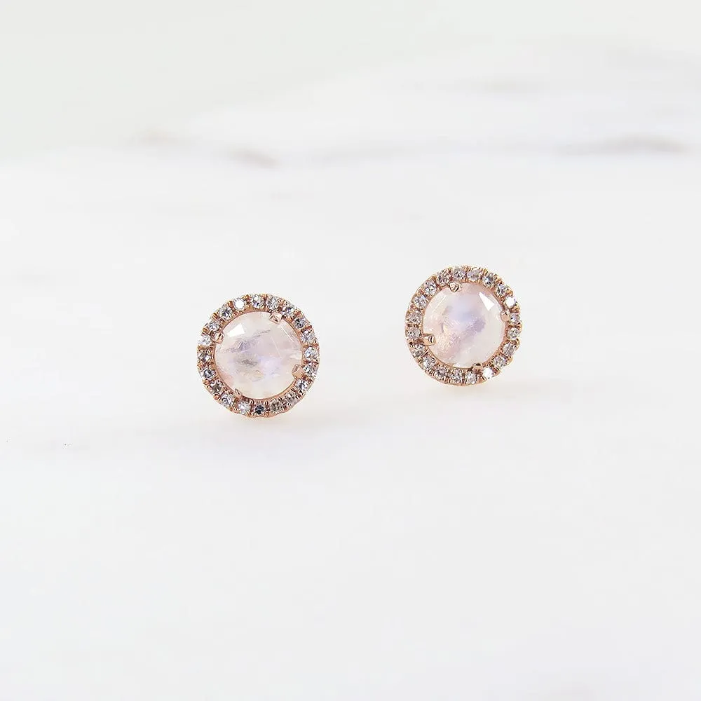 Rose Cut Rainbow Moonstone Earrings in 14k Rose Gold