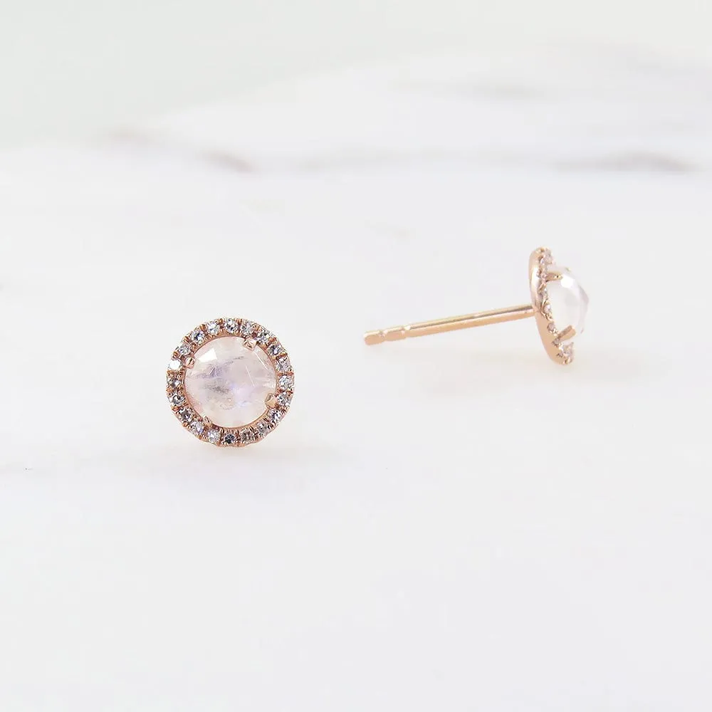 Rose Cut Rainbow Moonstone Earrings in 14k Rose Gold