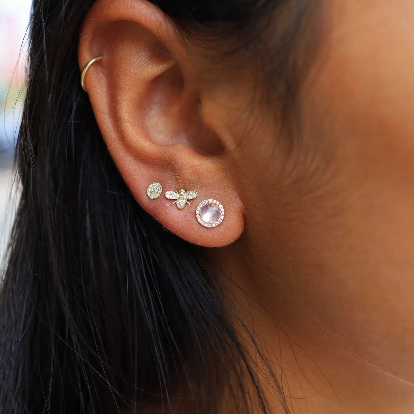 Rose Cut Rainbow Moonstone Earrings in 14k Rose Gold