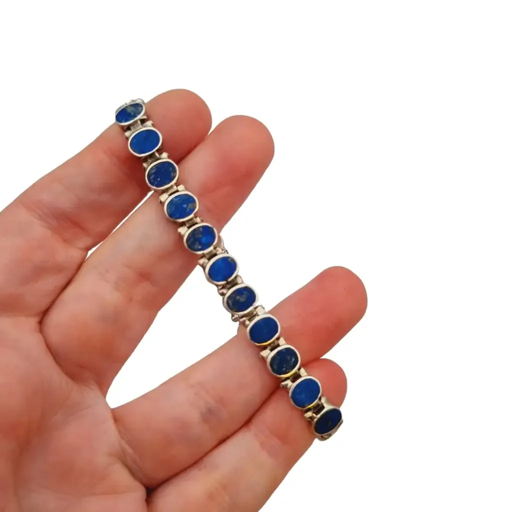 Silver and blue lapis lazuli bracelet, retro boho for women, 950 silver, 70s.