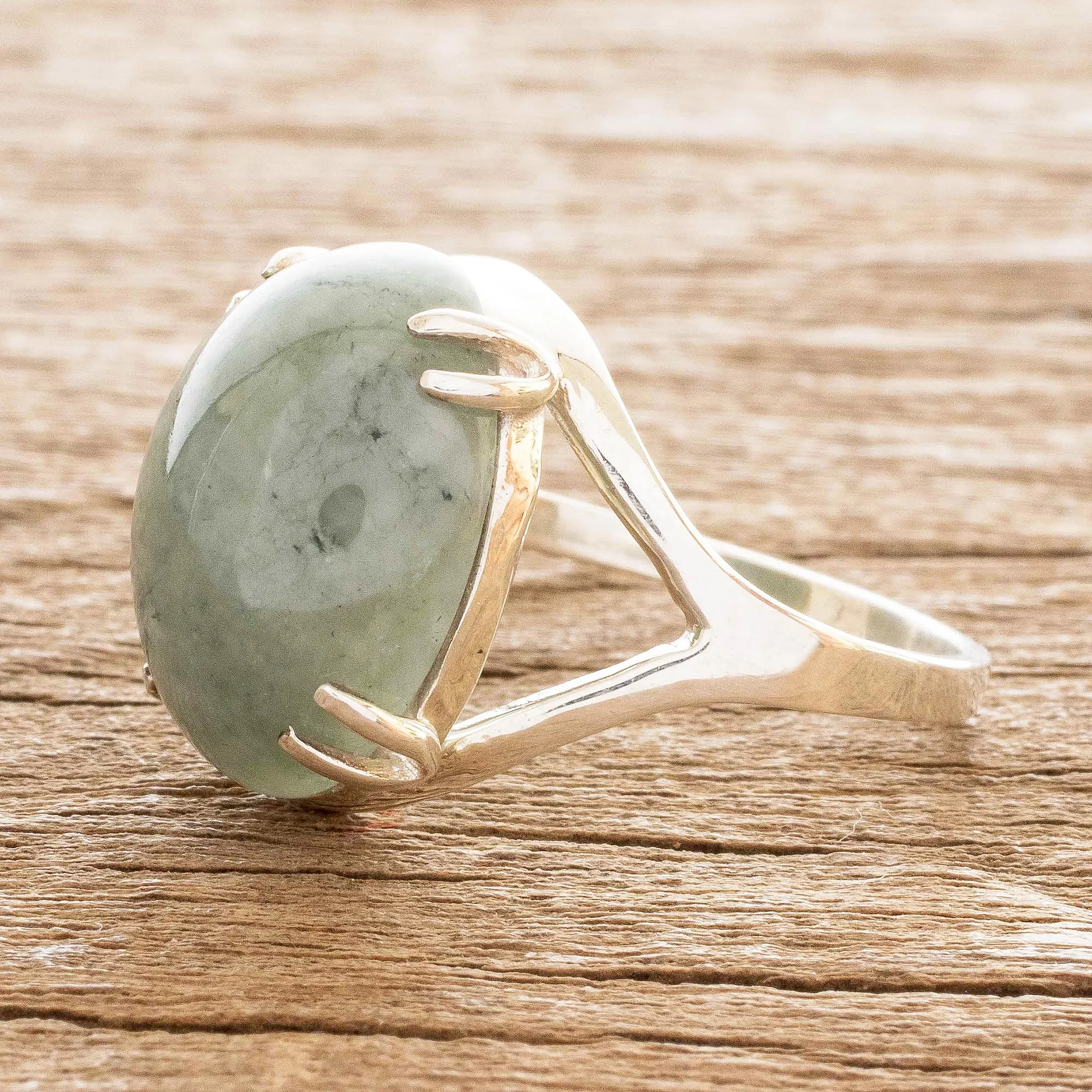 Sterling and Jade Cabochon Ring - Delicate Green | NOVICA