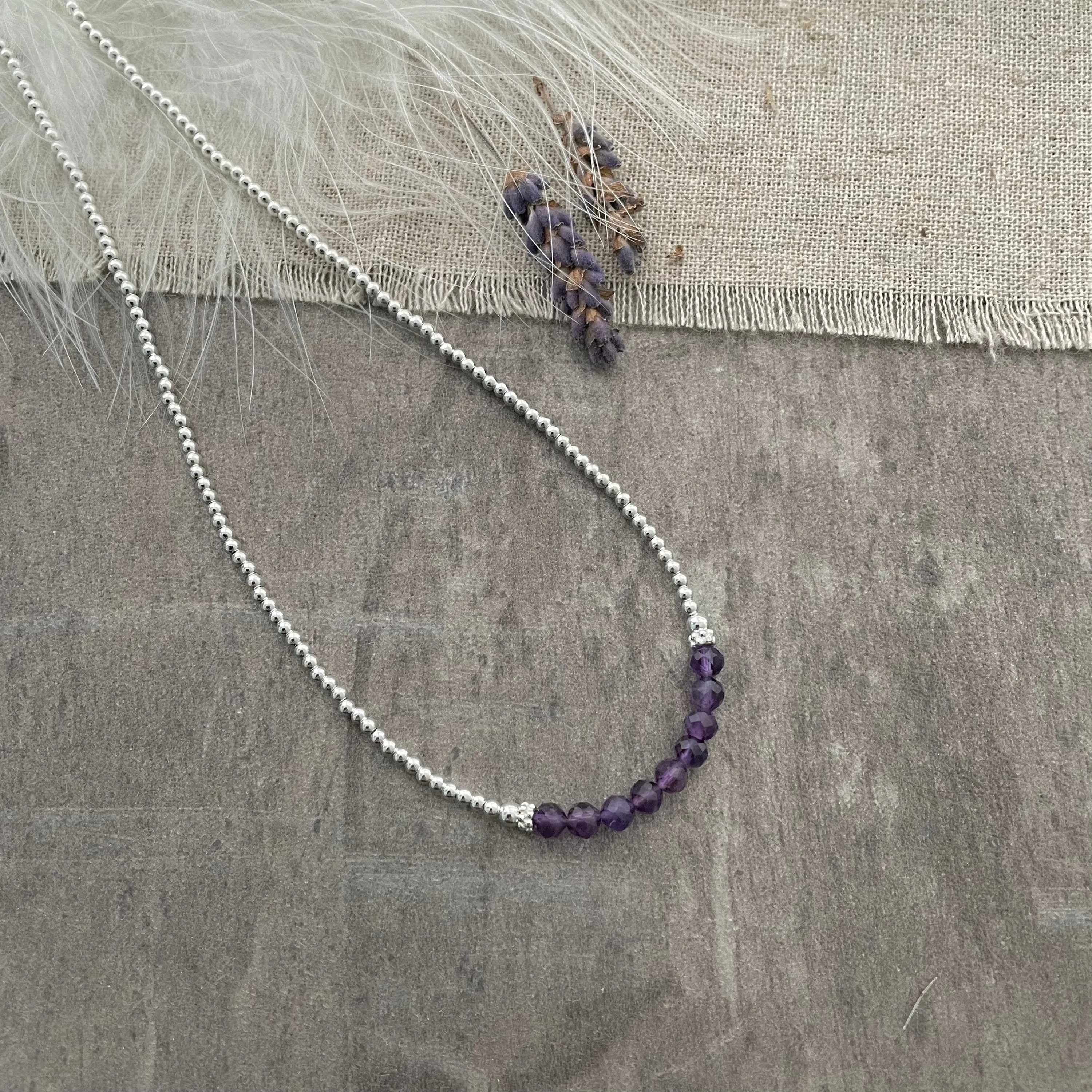 Thin Amethyst and Sterling Silver Bead Necklace, February Birthstone