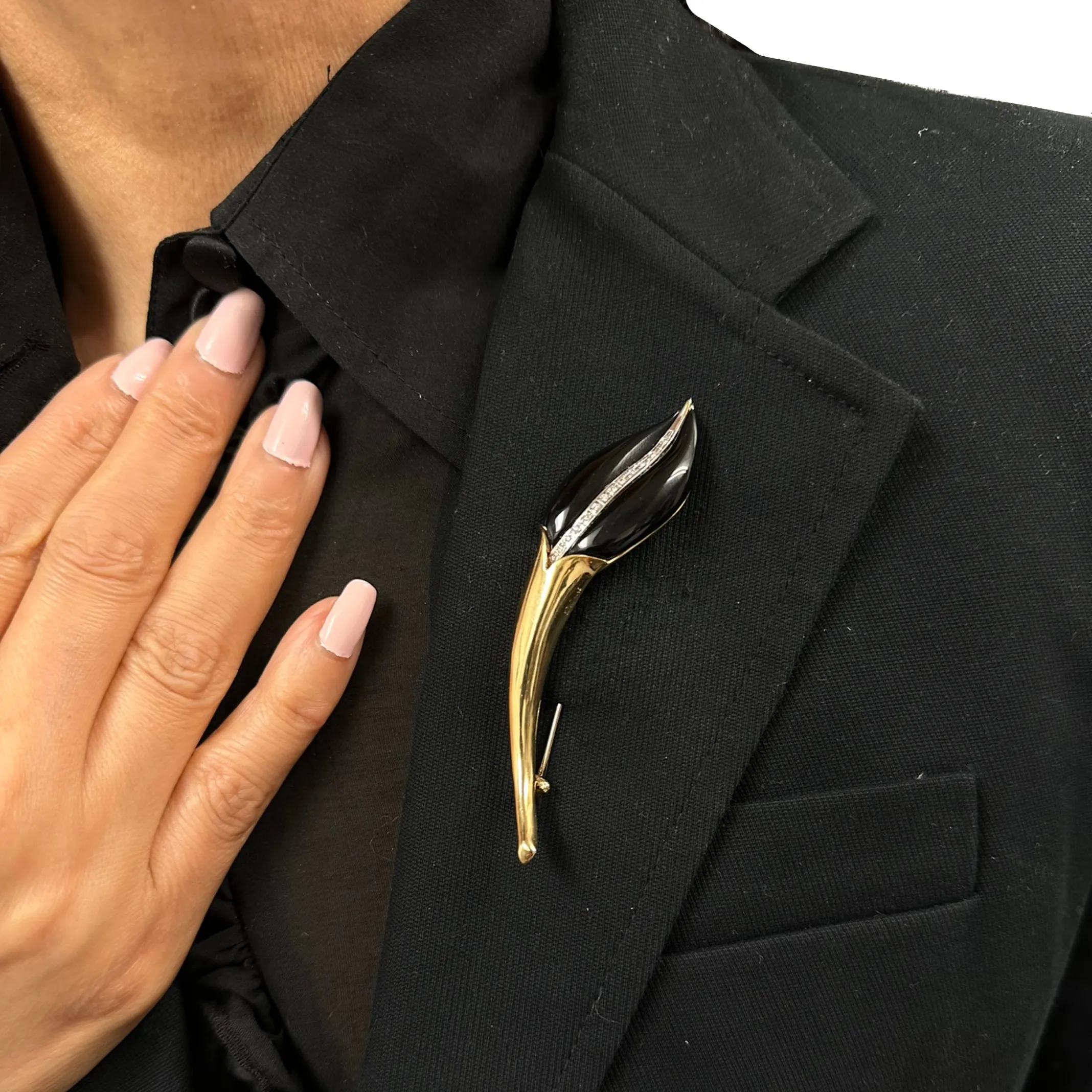Vintage 'Bellarri' Diamond and Onyx 18K Gold Tulip Bud Brooch