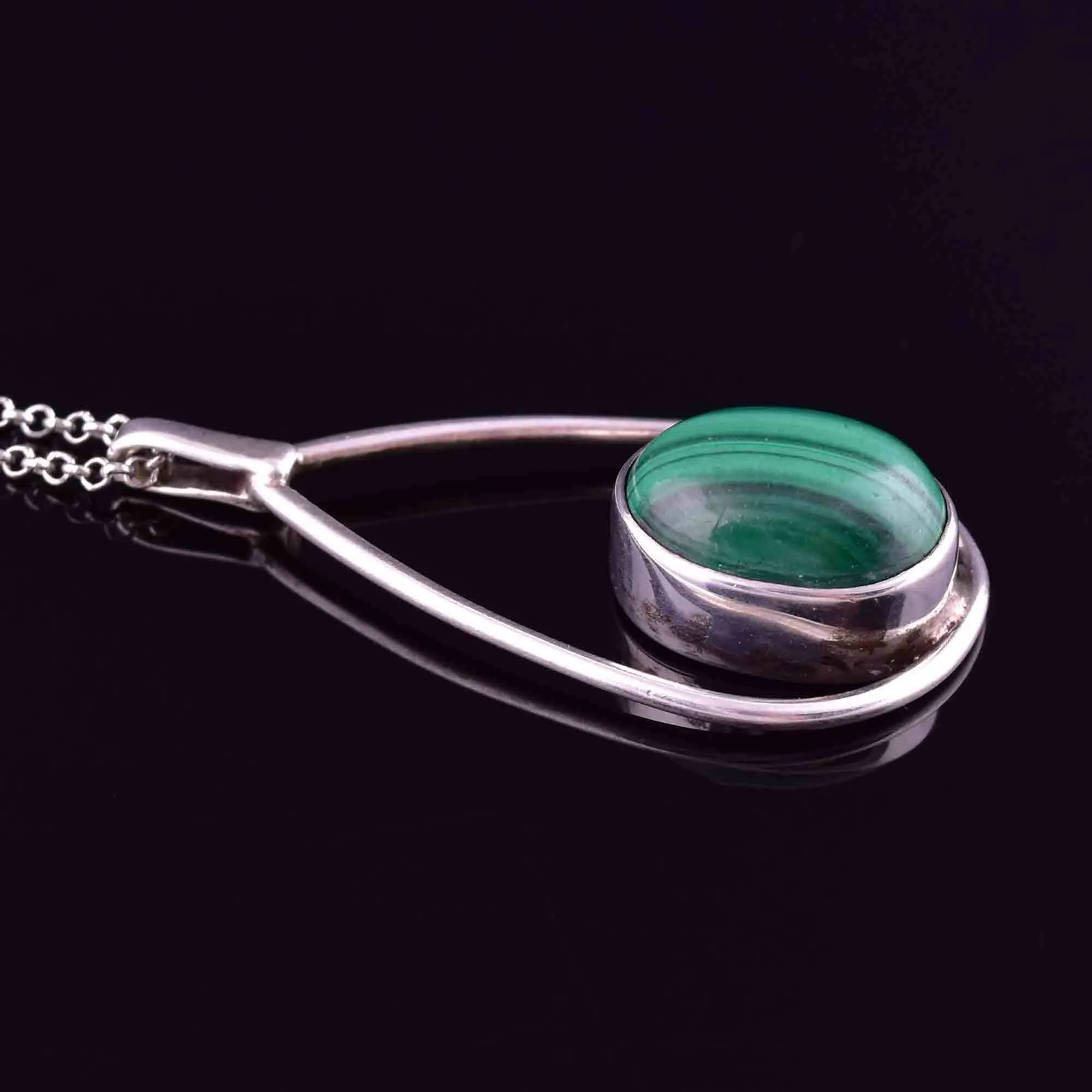 Vintage Sterling Silver Malachite Pendant Necklace
