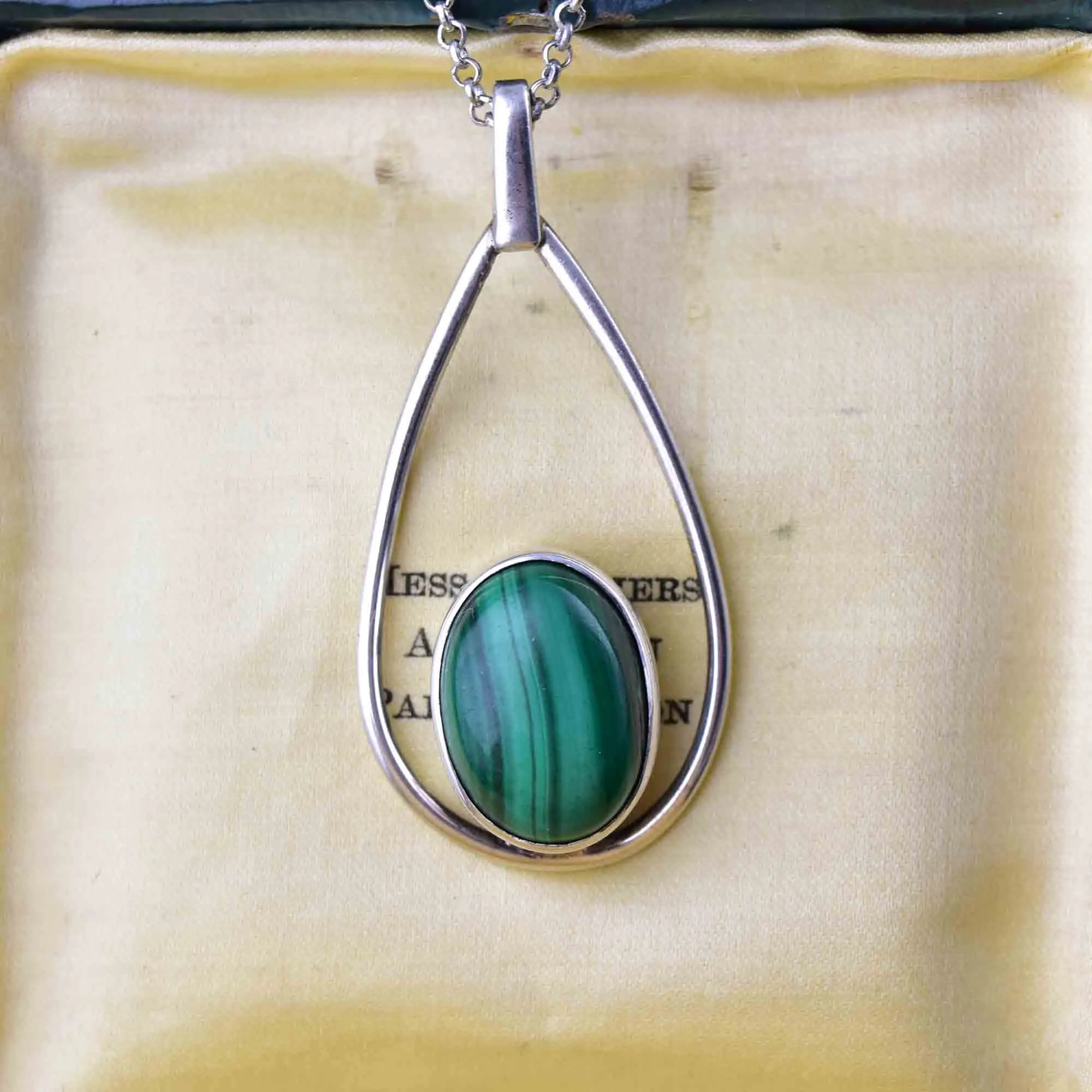 Vintage Sterling Silver Malachite Pendant Necklace