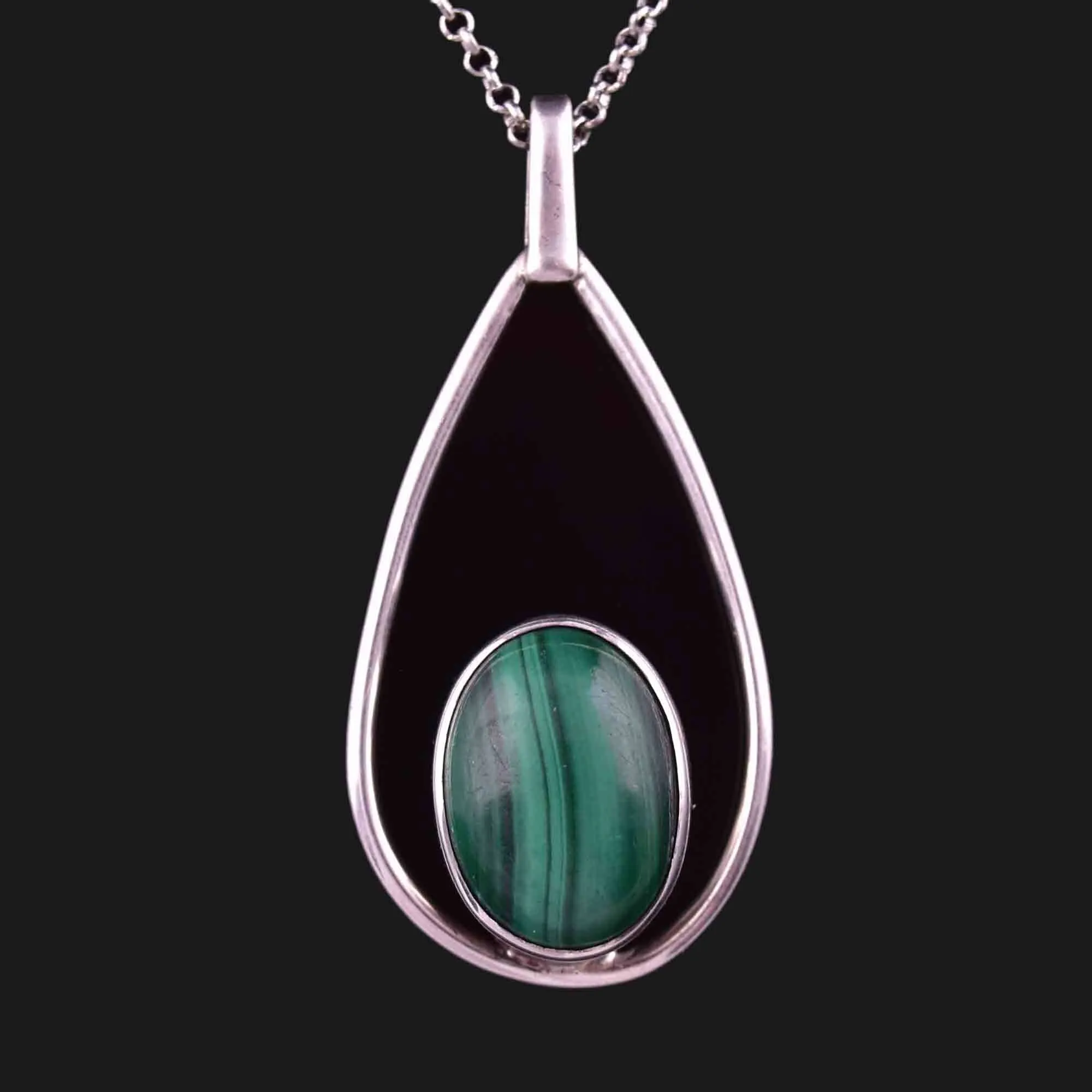Vintage Sterling Silver Malachite Pendant Necklace